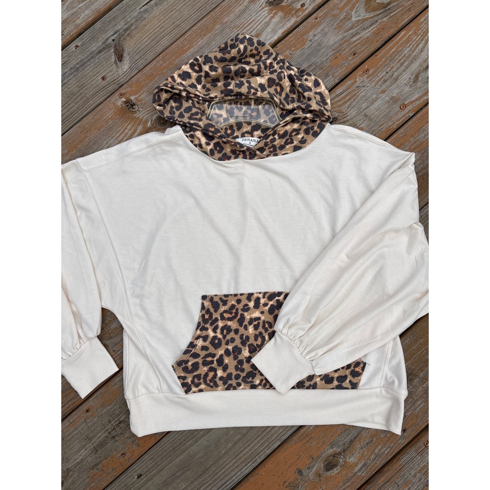 Zenana Women Cream Leopard Print Contrast Hoodie Pullover TT-5033C5 Small